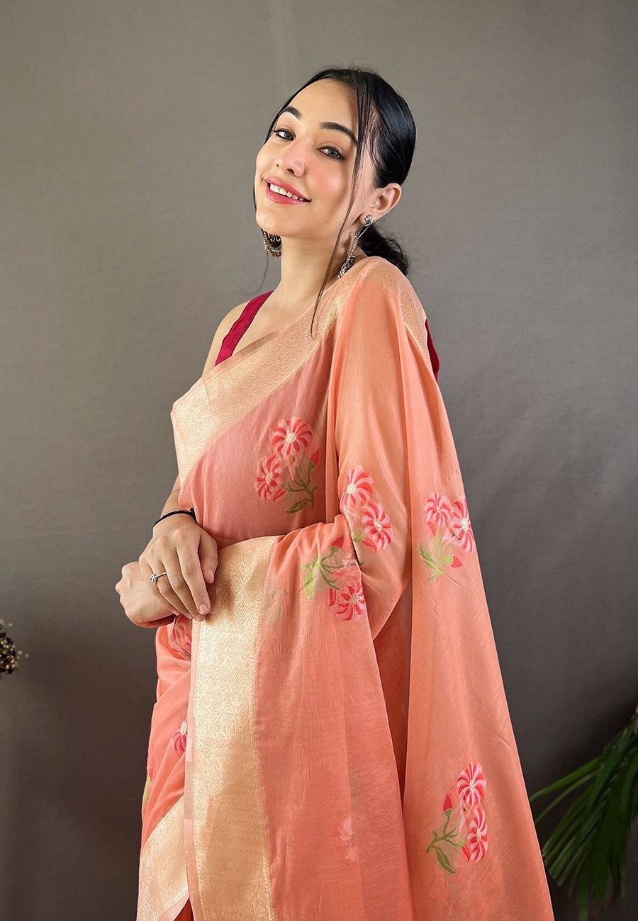 Pure linen with All-over Lotus Motifs Saree - Ladies Cloths