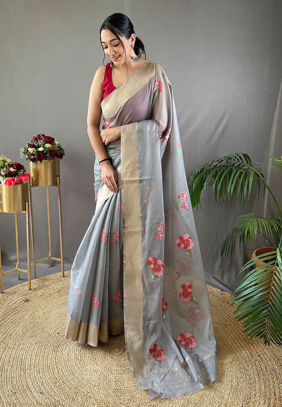 Pure linen with All-over Lotus Motifs Saree - Ladies Cloths