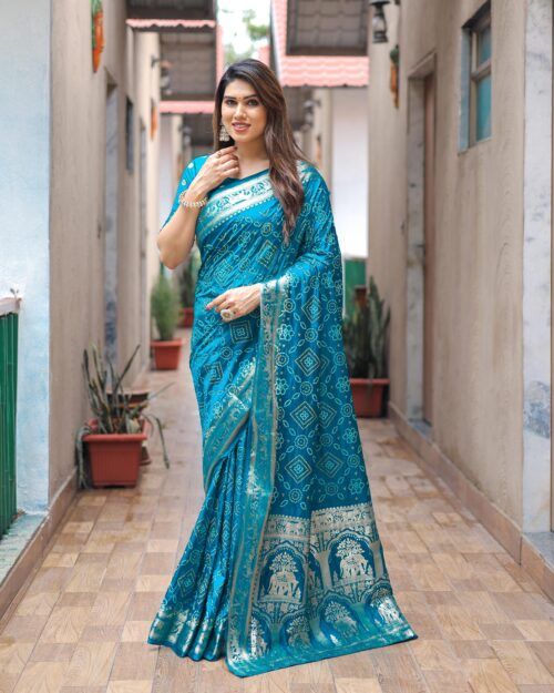 Soft Dola Silk Bandhej Print Zari Weaving Sarees