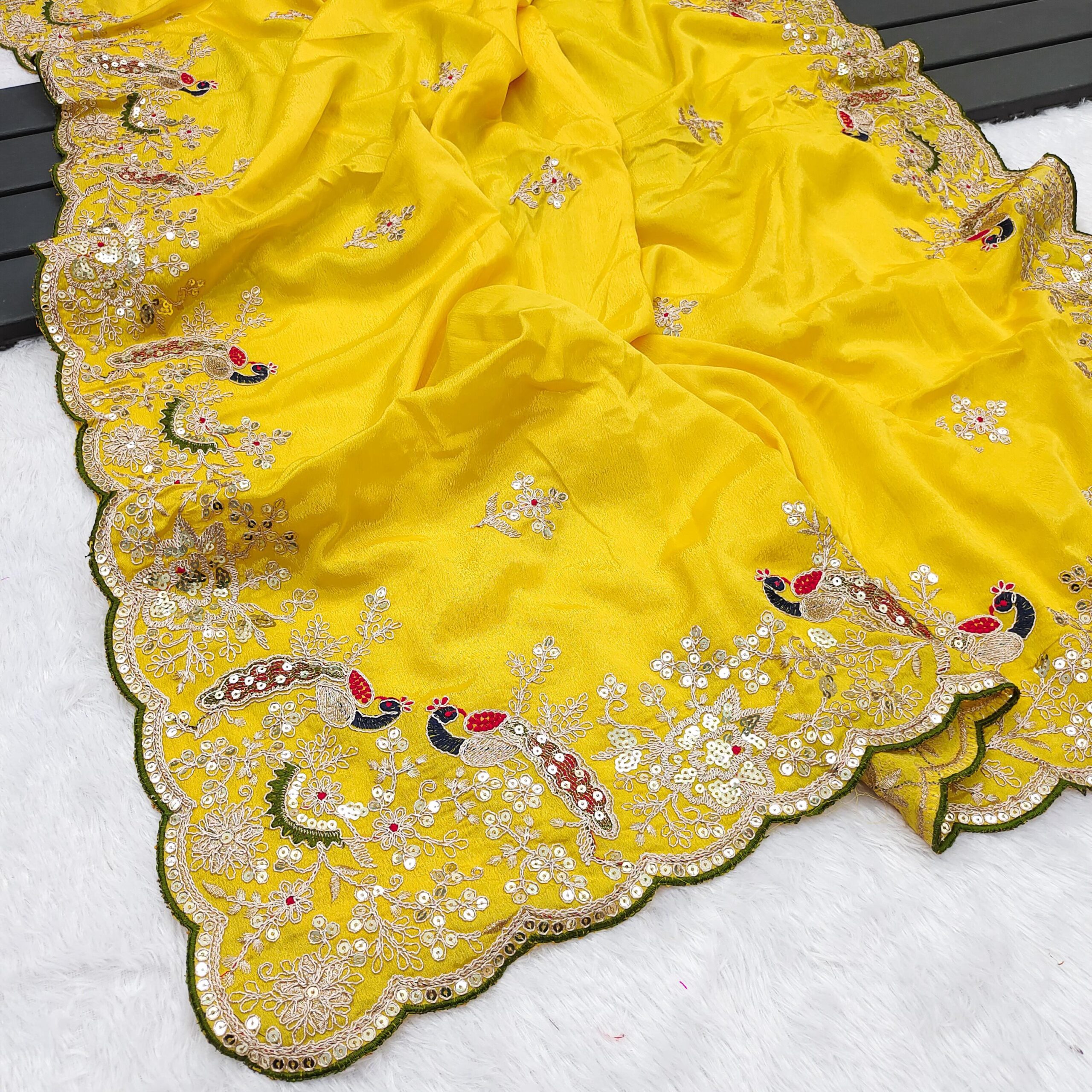 Premium Chinon Silk Yellow Saree With Readymade Blouse (10)