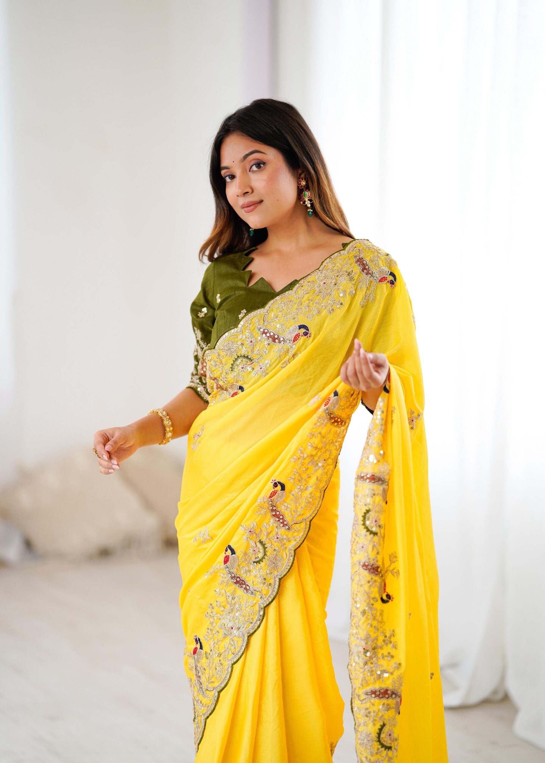 Premium Chinon Silk Yellow Saree With Readymade Blouse (12)