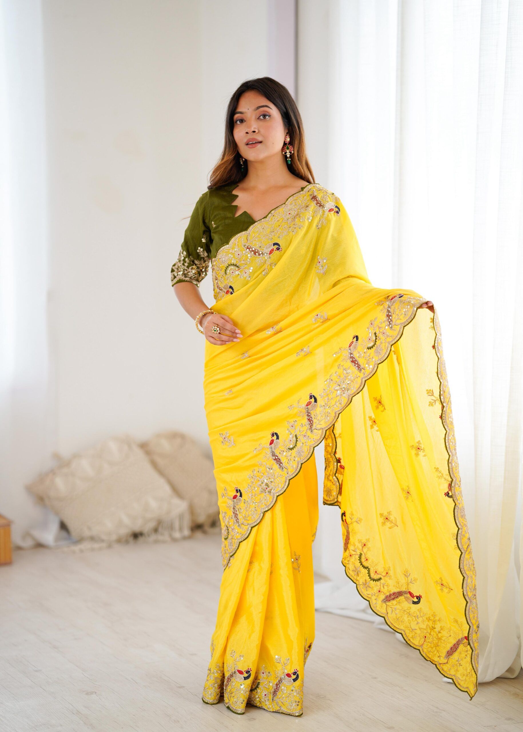 Premium Chinon Silk Yellow Saree With Readymade Blouse (3)