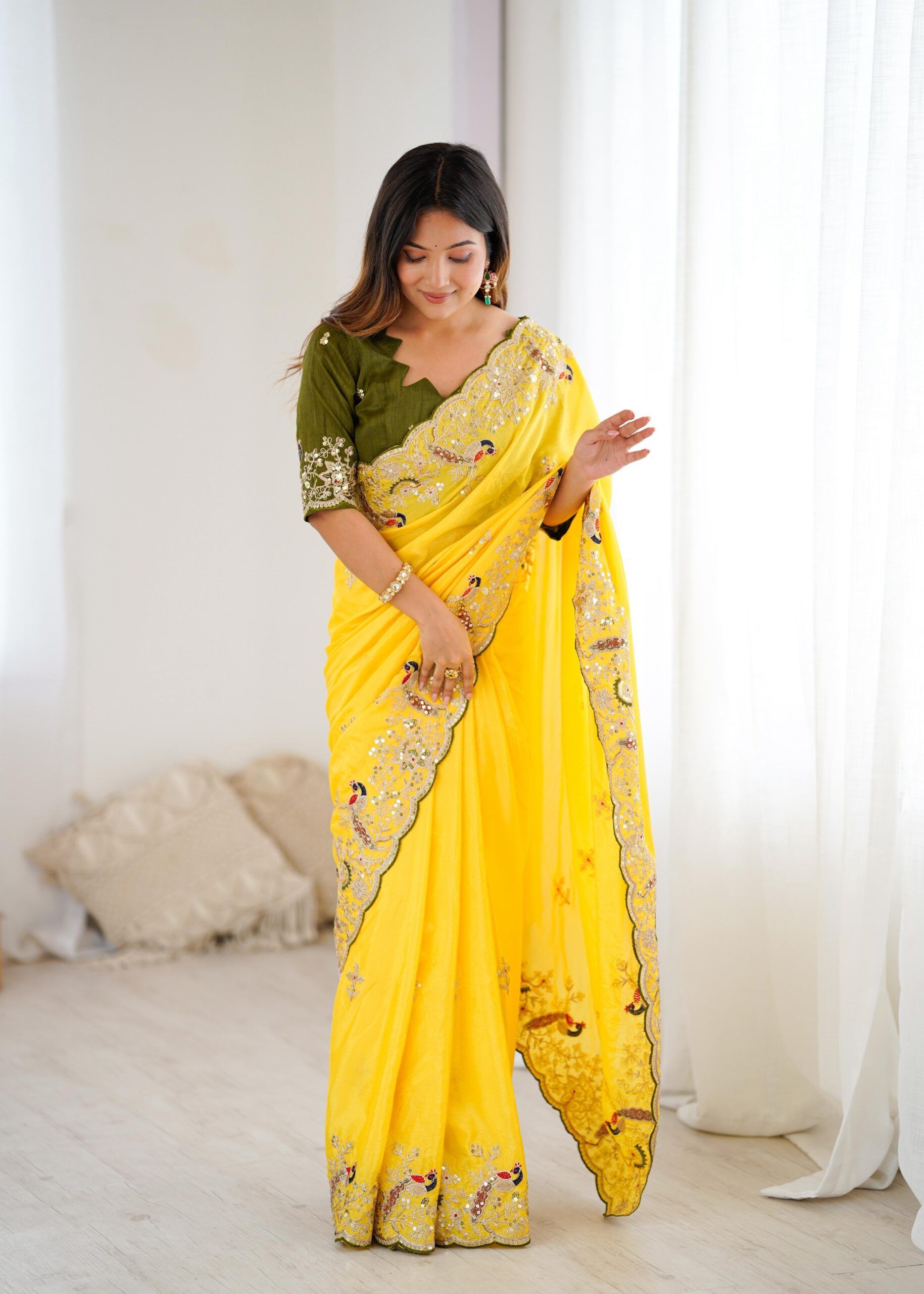 Premium Chinon Silk Yellow Saree With Readymade Blouse (4)