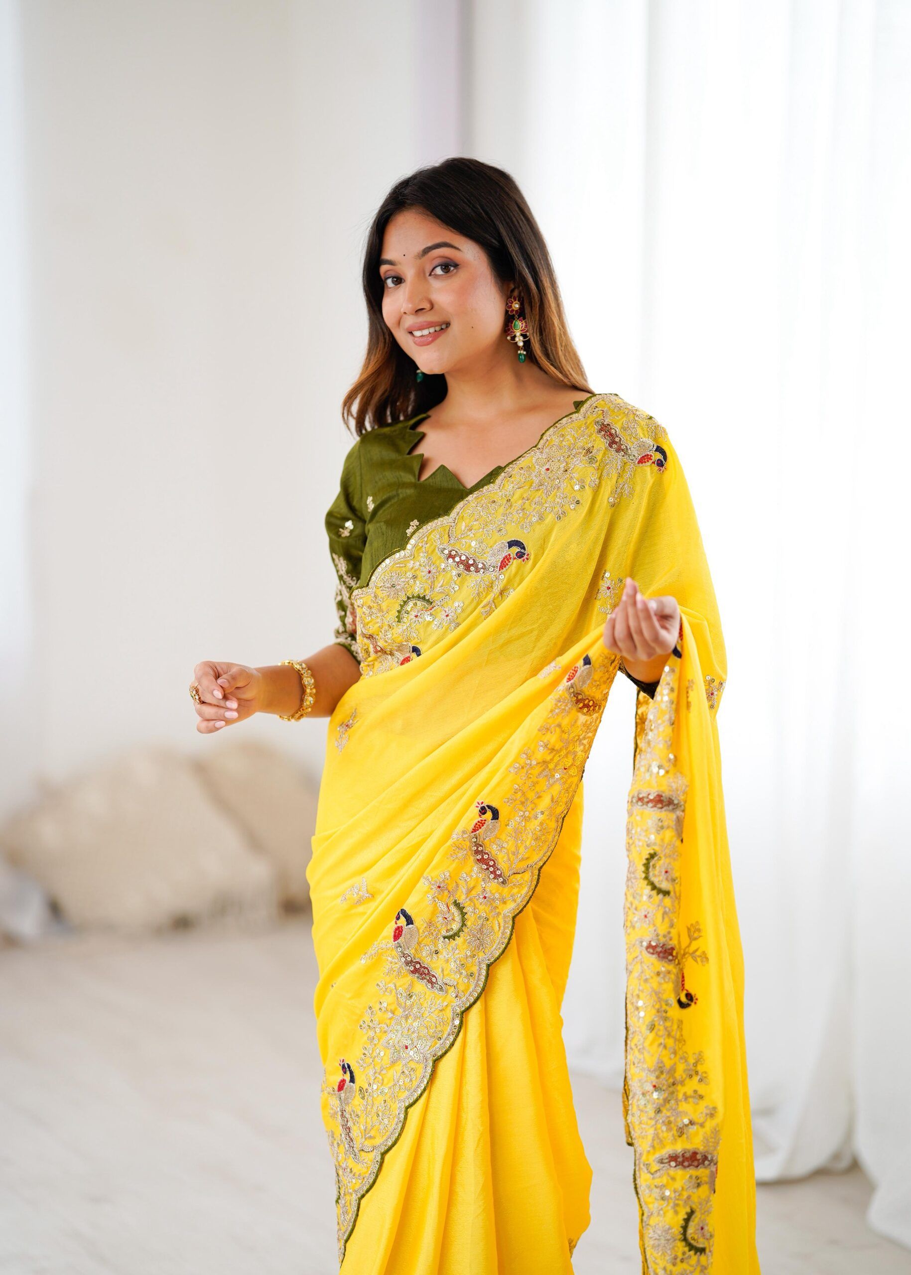 Premium Chinon Silk Yellow Saree With Readymade Blouse (5)