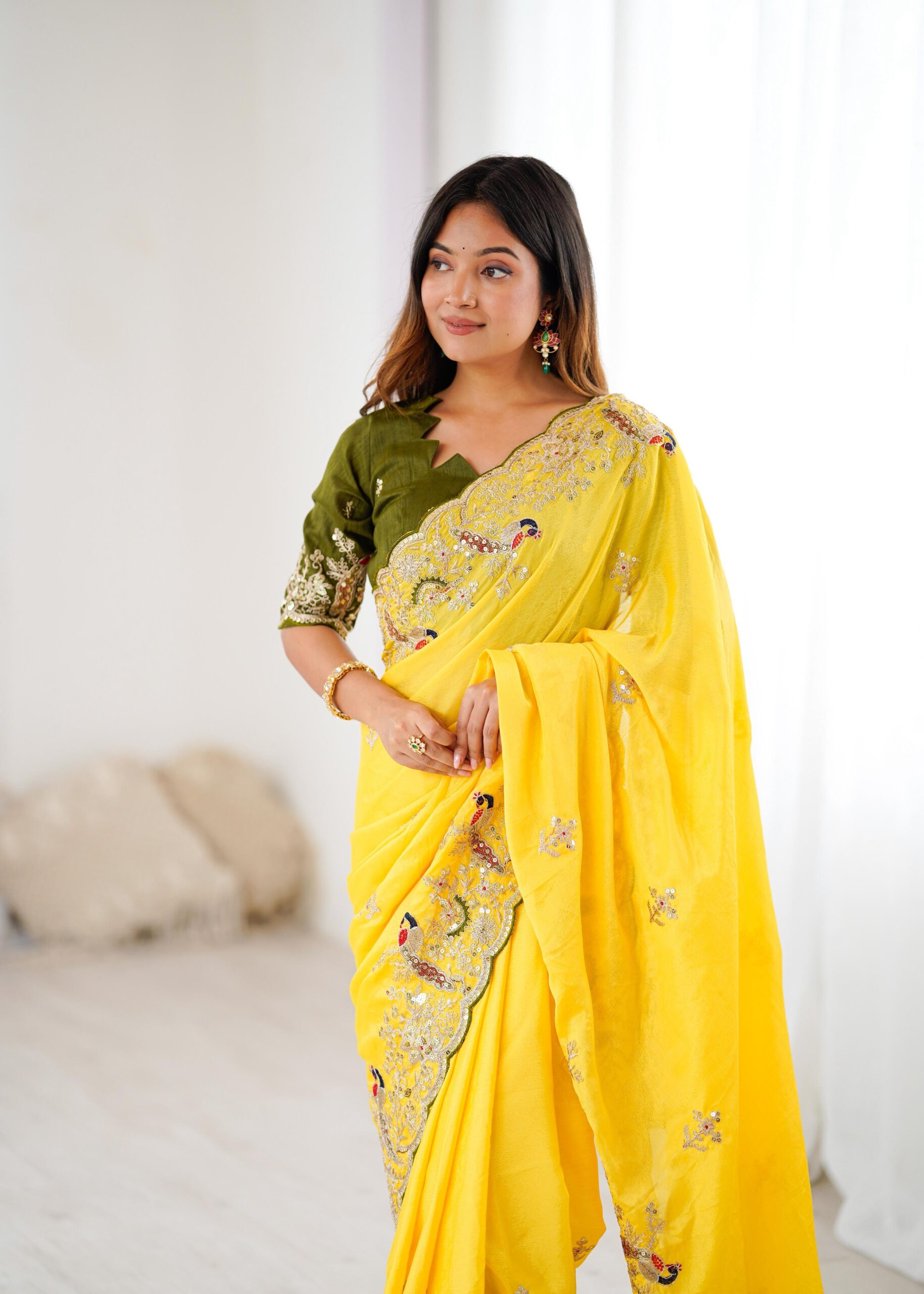 Premium Chinon Silk Yellow Saree With Readymade Blouse (7)