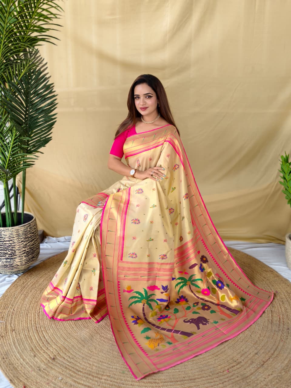 Soft Cream Base Tissue Silk Saree (1)