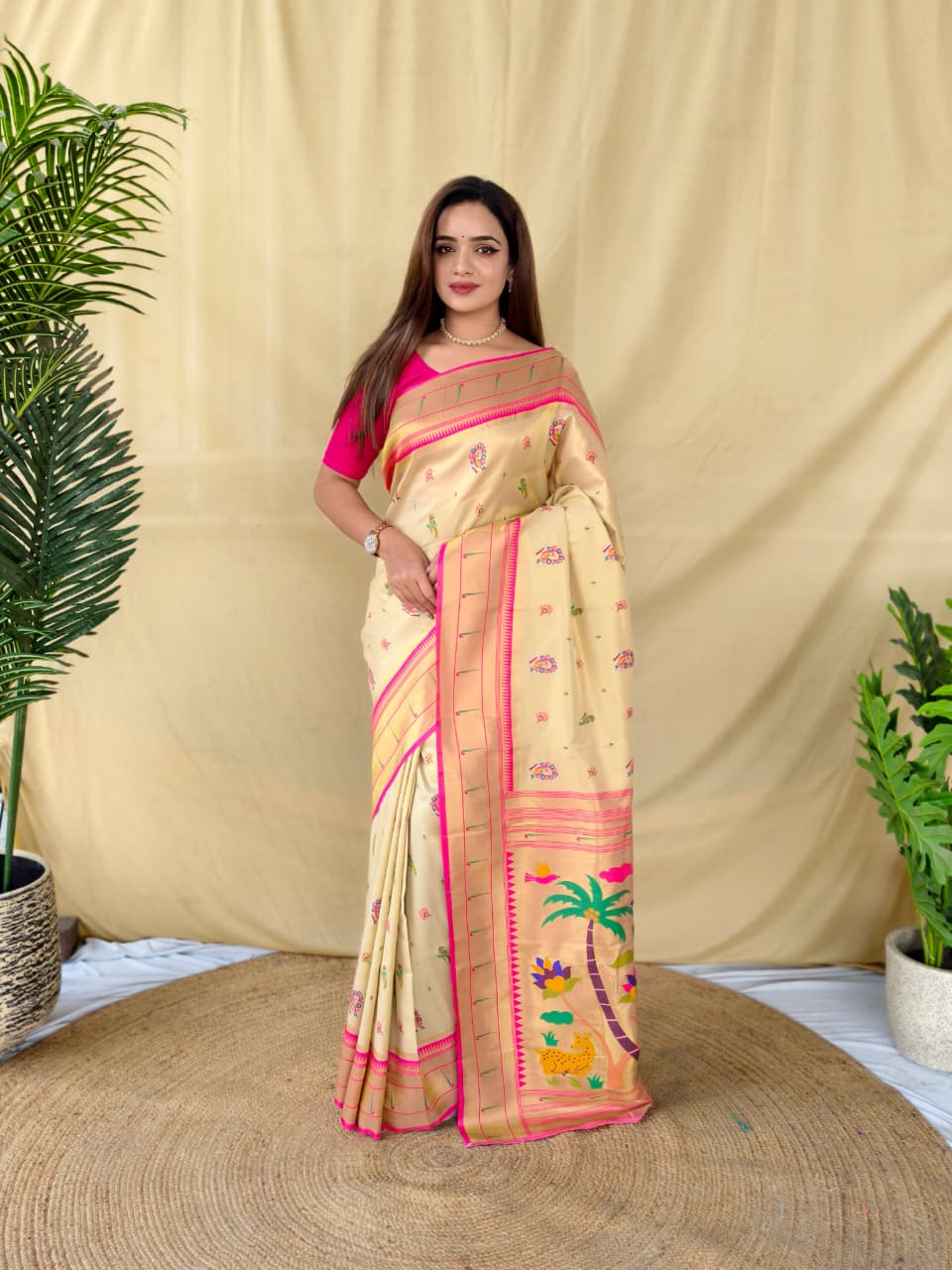 Soft Cream Base Tissue Silk Saree (2)