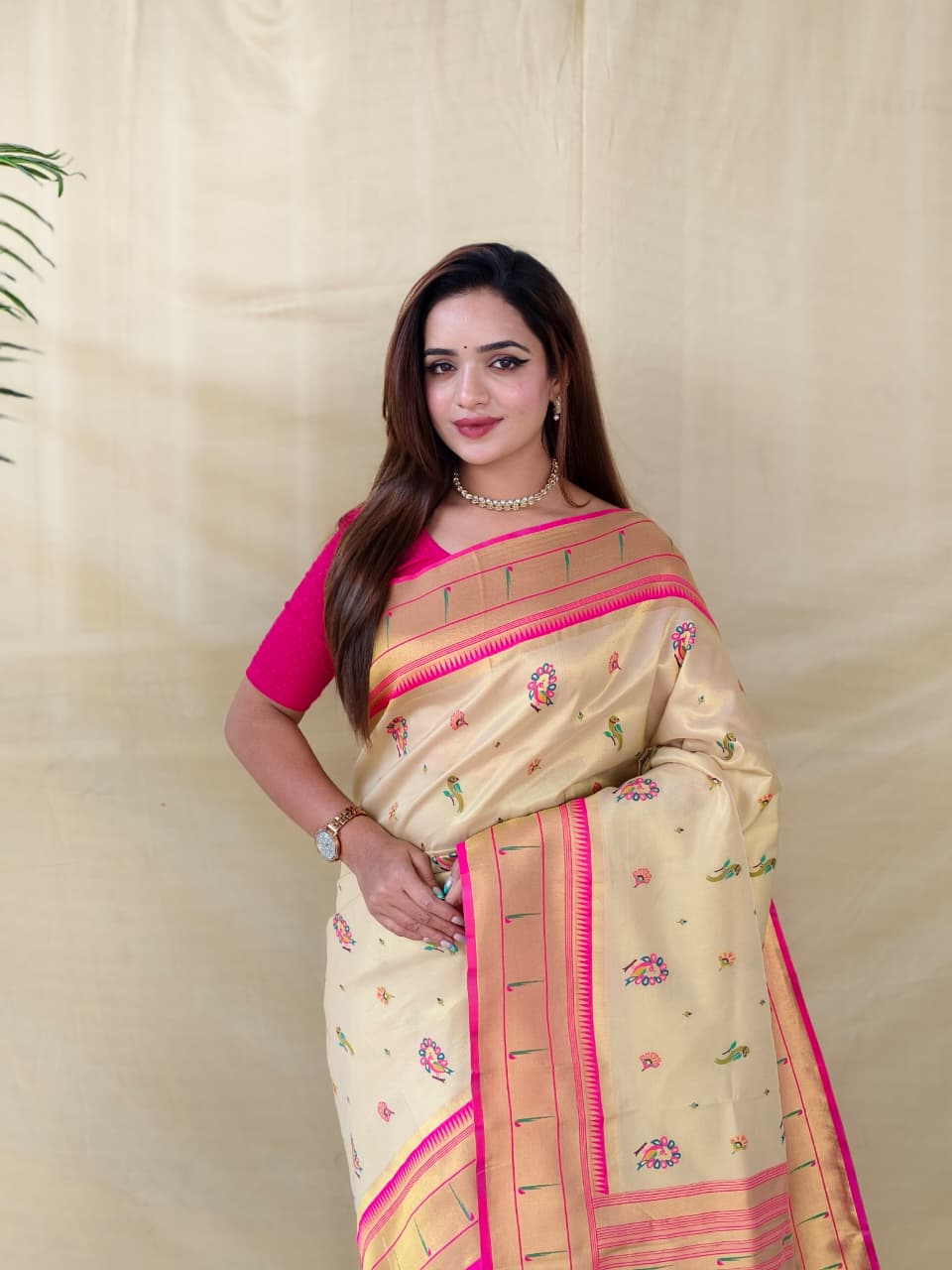 Soft Cream Base Tissue Silk Saree (4)