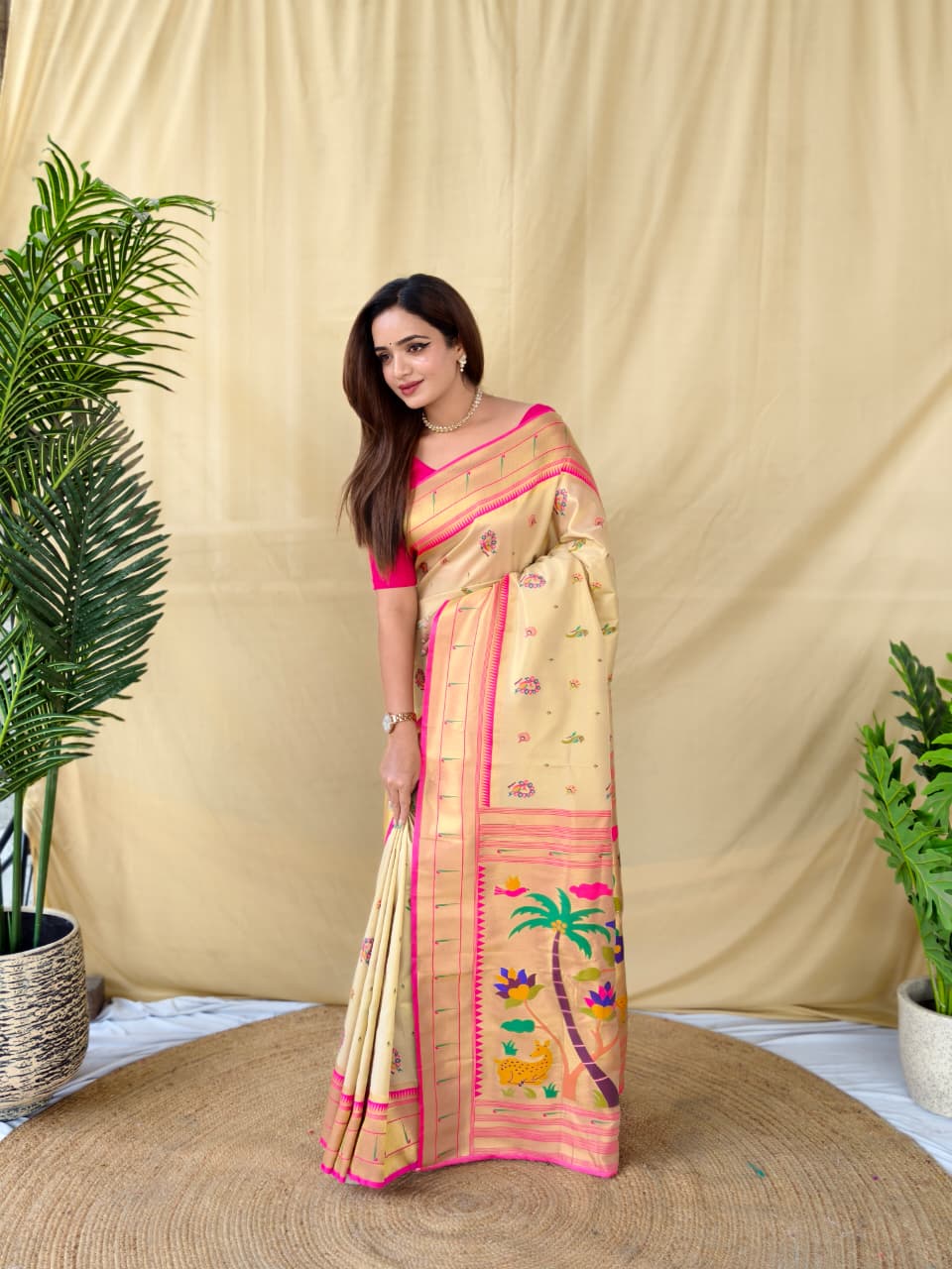 Soft Cream Base Tissue Silk Saree (5)