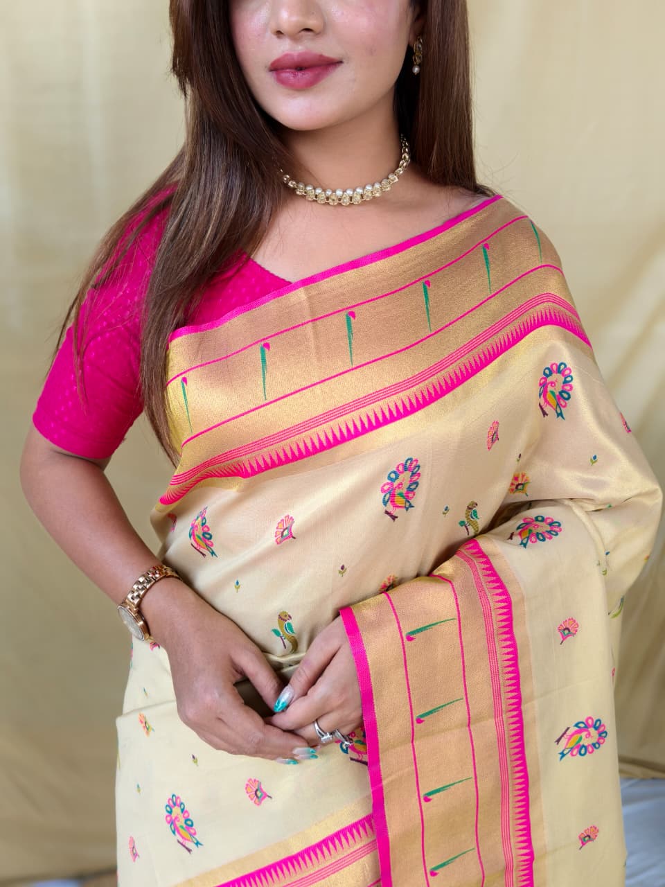 Soft Cream Base Tissue Silk Saree (6)