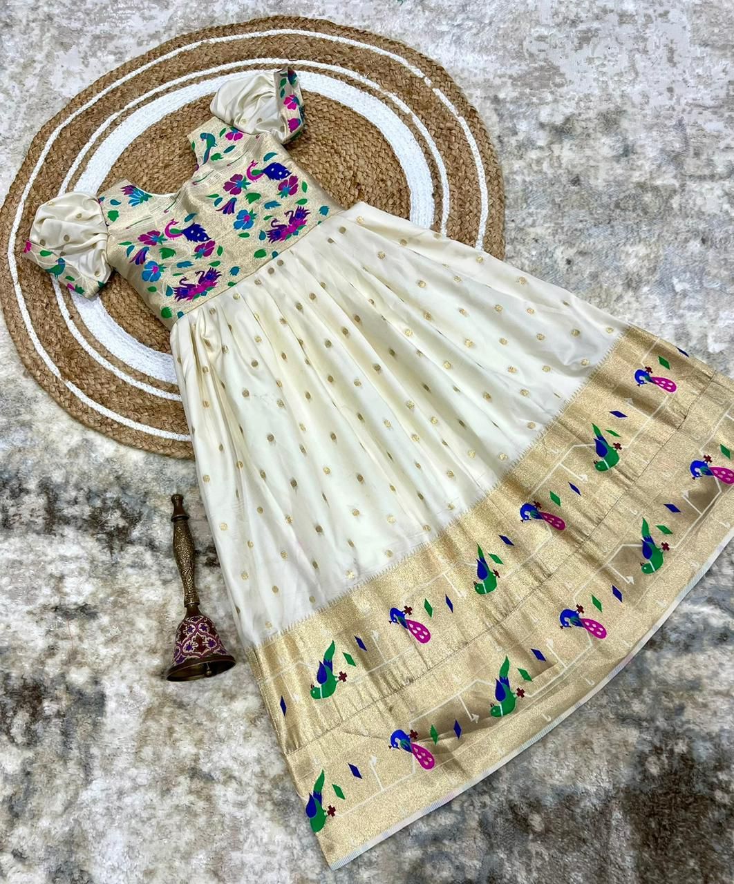 Soft Paithani Silk Golden Zari Weaving Maharani Border Kids Gown (1)