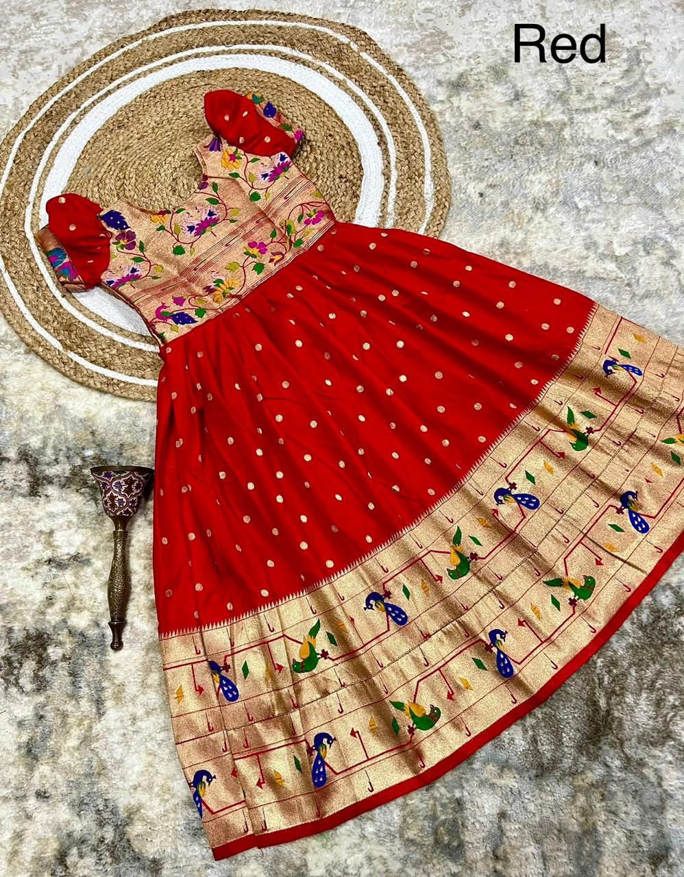 Soft Paithani Silk Golden Zari Weaving Maharani Border Kids Gown (12)