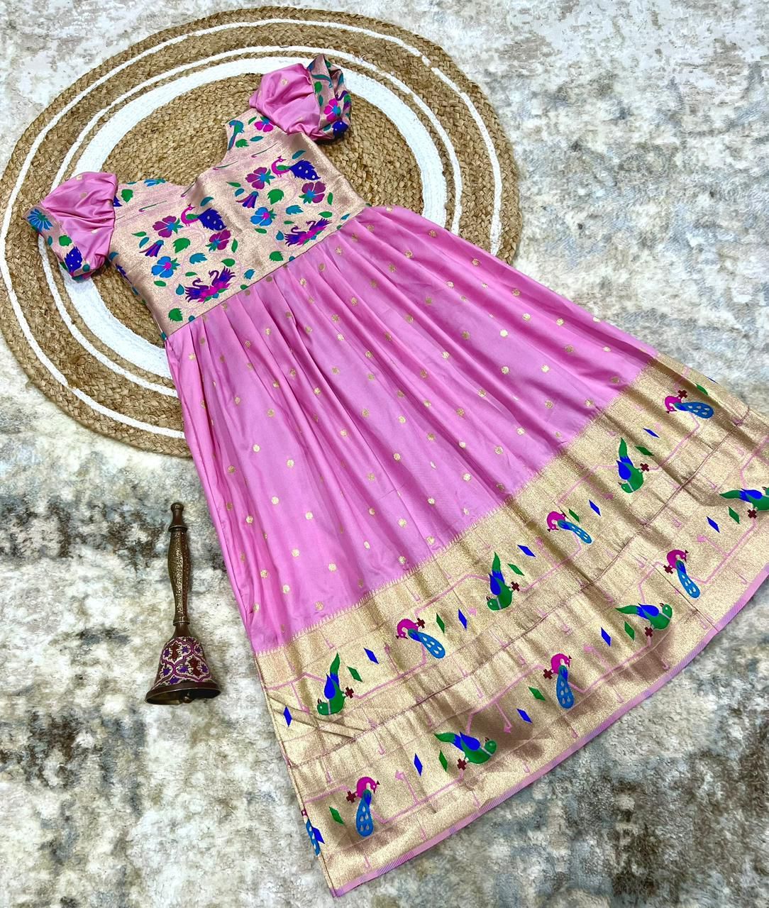 Soft Paithani Silk Golden Zari Weaving Maharani Border Kids Gown (2)