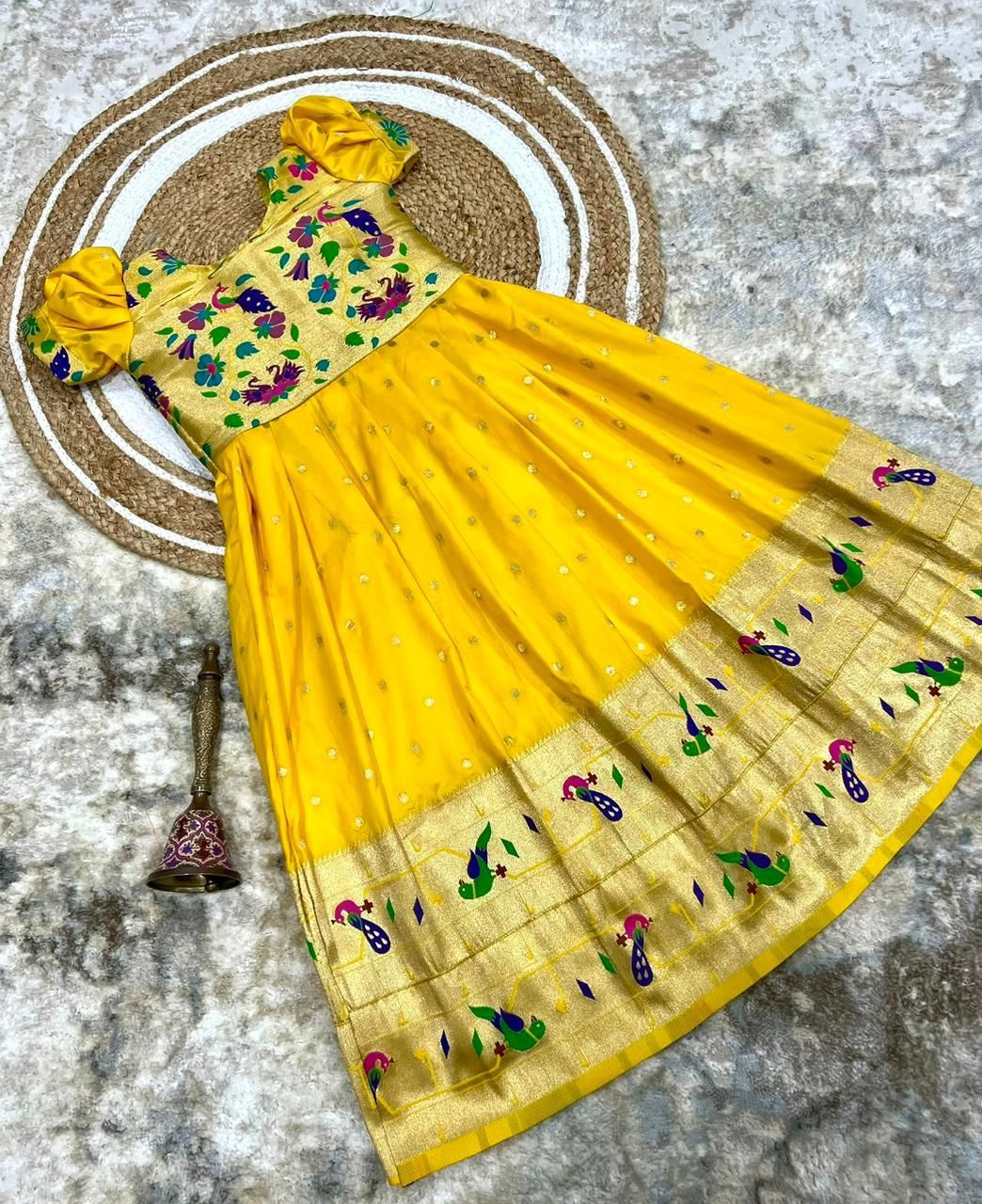 Soft Paithani Silk Golden Zari Weaving Maharani Border Kids Gown (4)