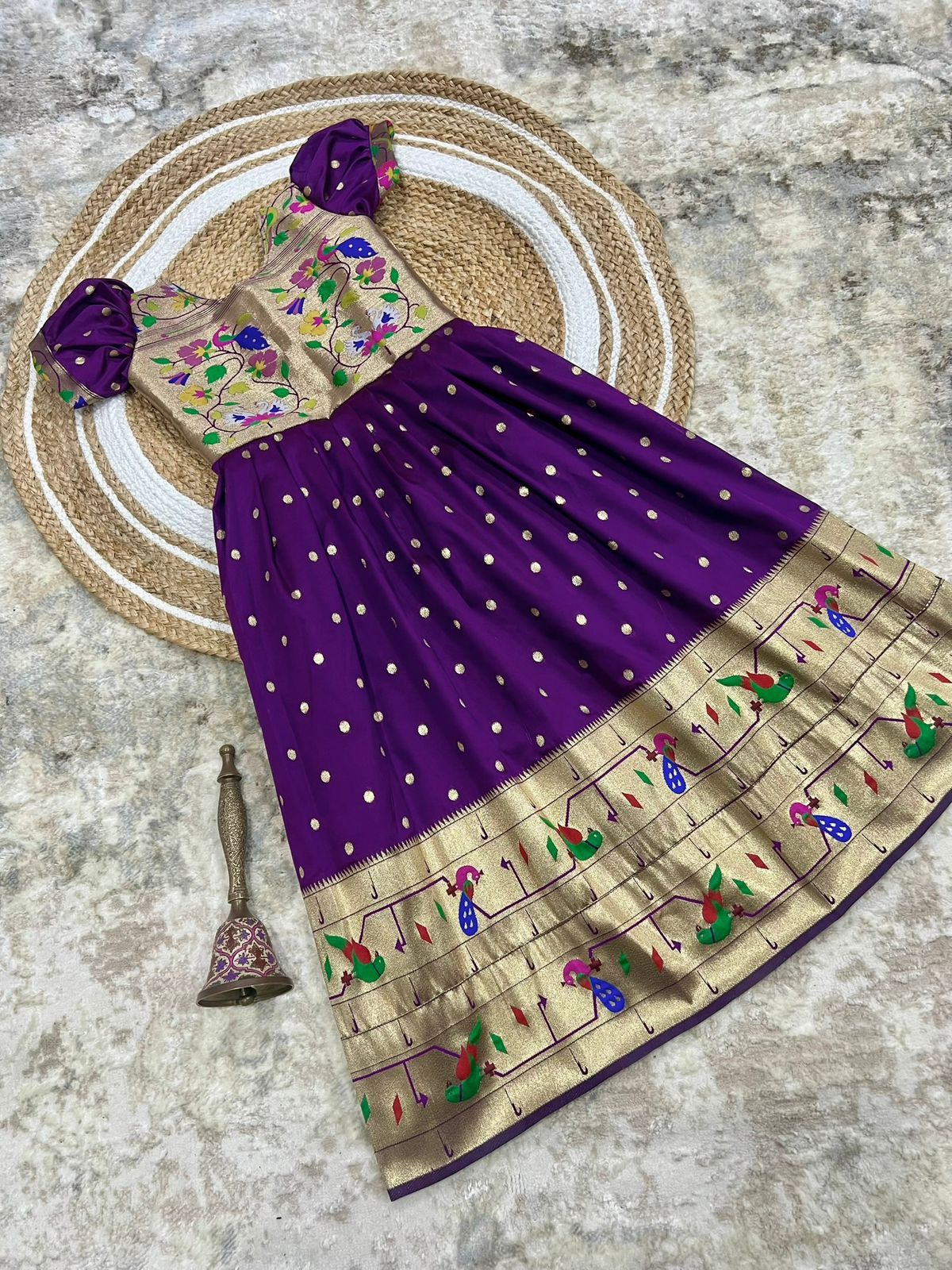 Soft Paithani Silk Golden Zari Weaving Maharani Border Kids Gown (7)