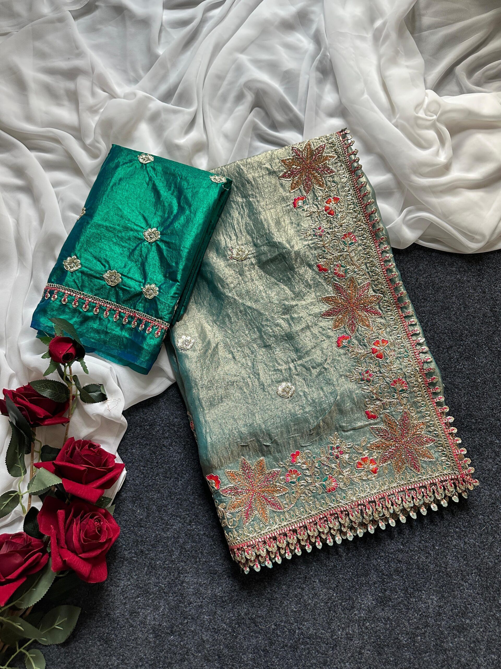 Fandy Sattin Silk Saree With Floral Border (15)