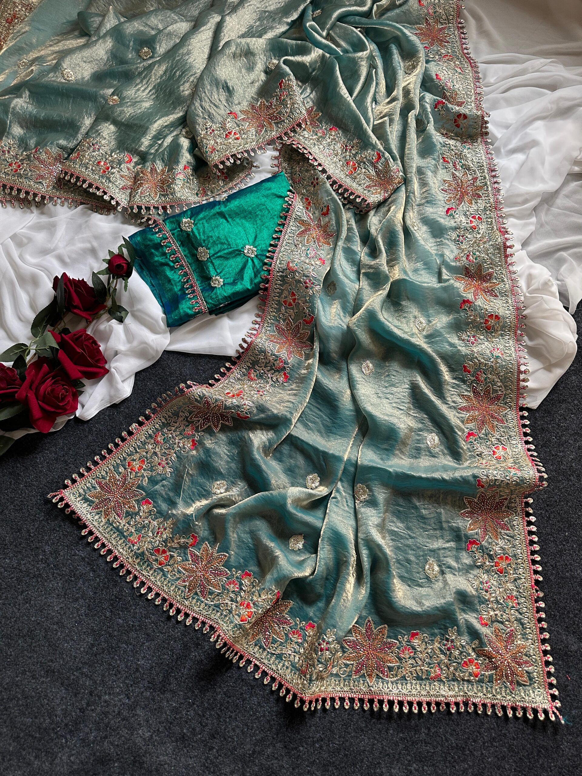 Fandy Sattin Silk Saree With Floral Border (16)