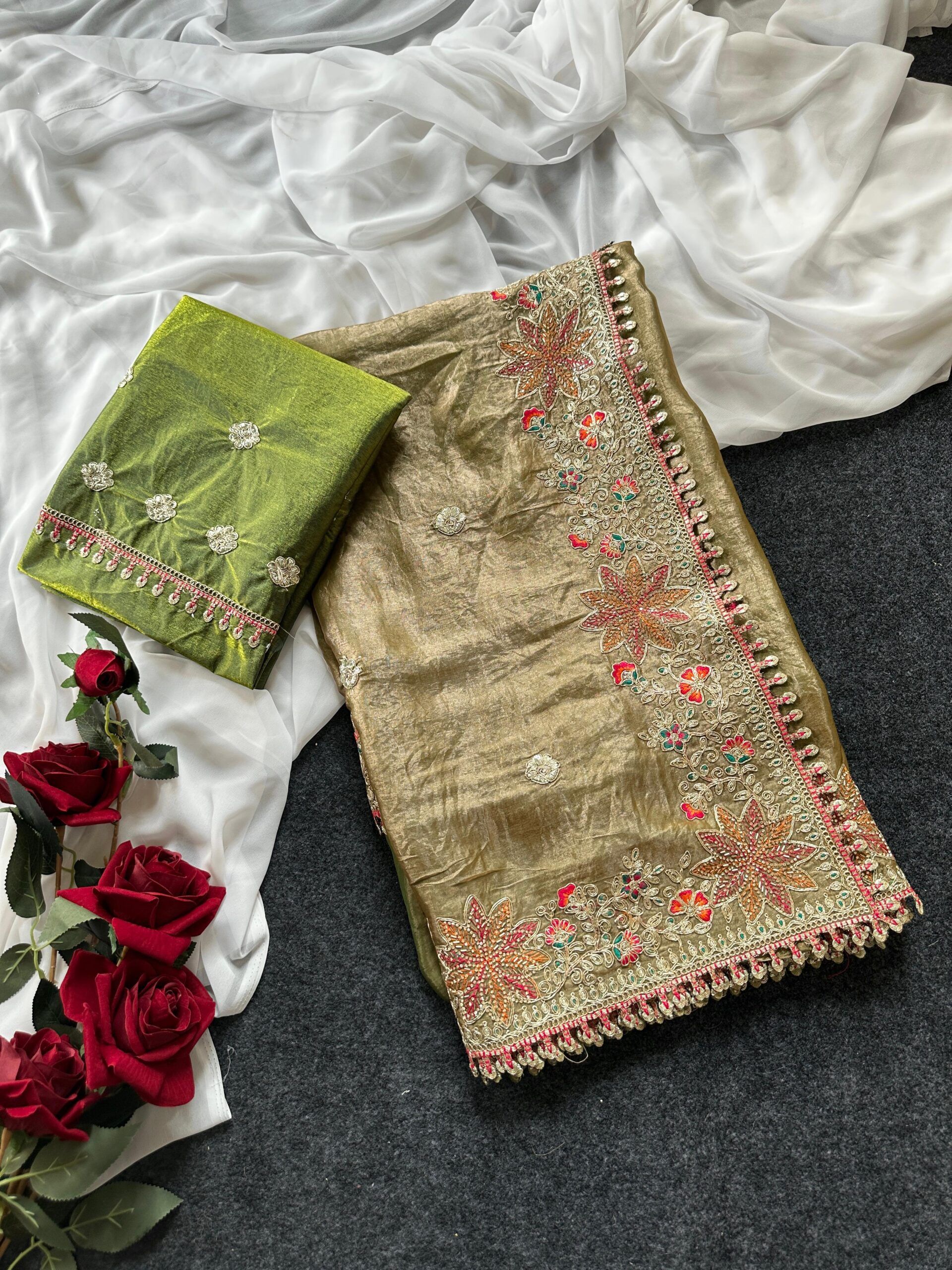 Fandy Sattin Silk Saree With Floral Border (5)