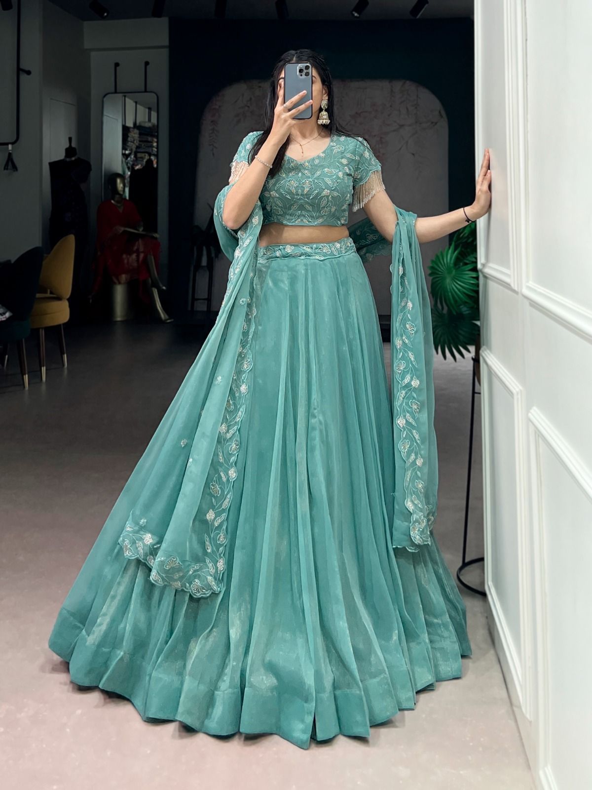 Gold Coin Beads & Thread Embroidery Work Lehenga Collection (5)