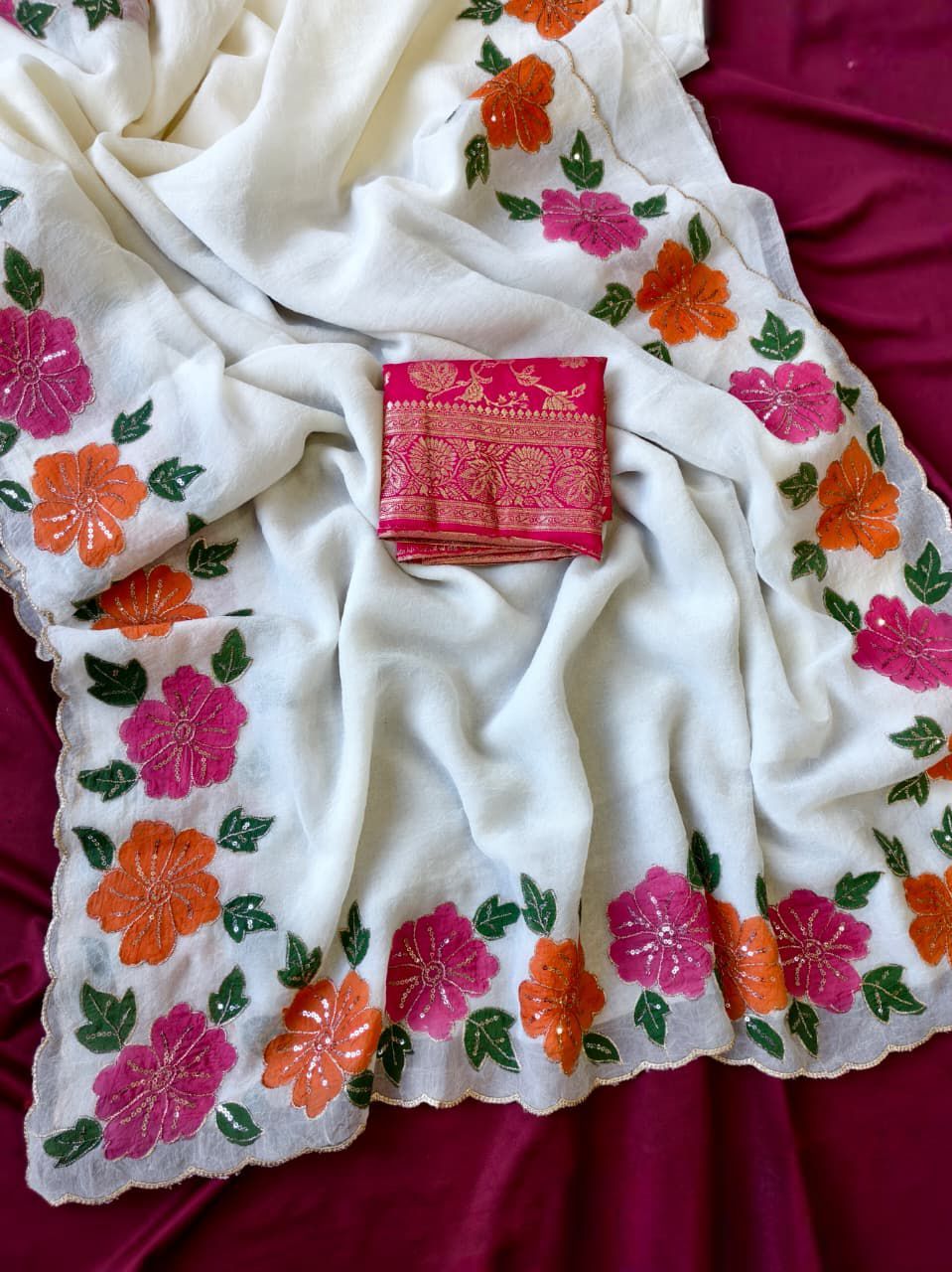 Pure Crush Hand-painted Floral Motifs Saree (1)