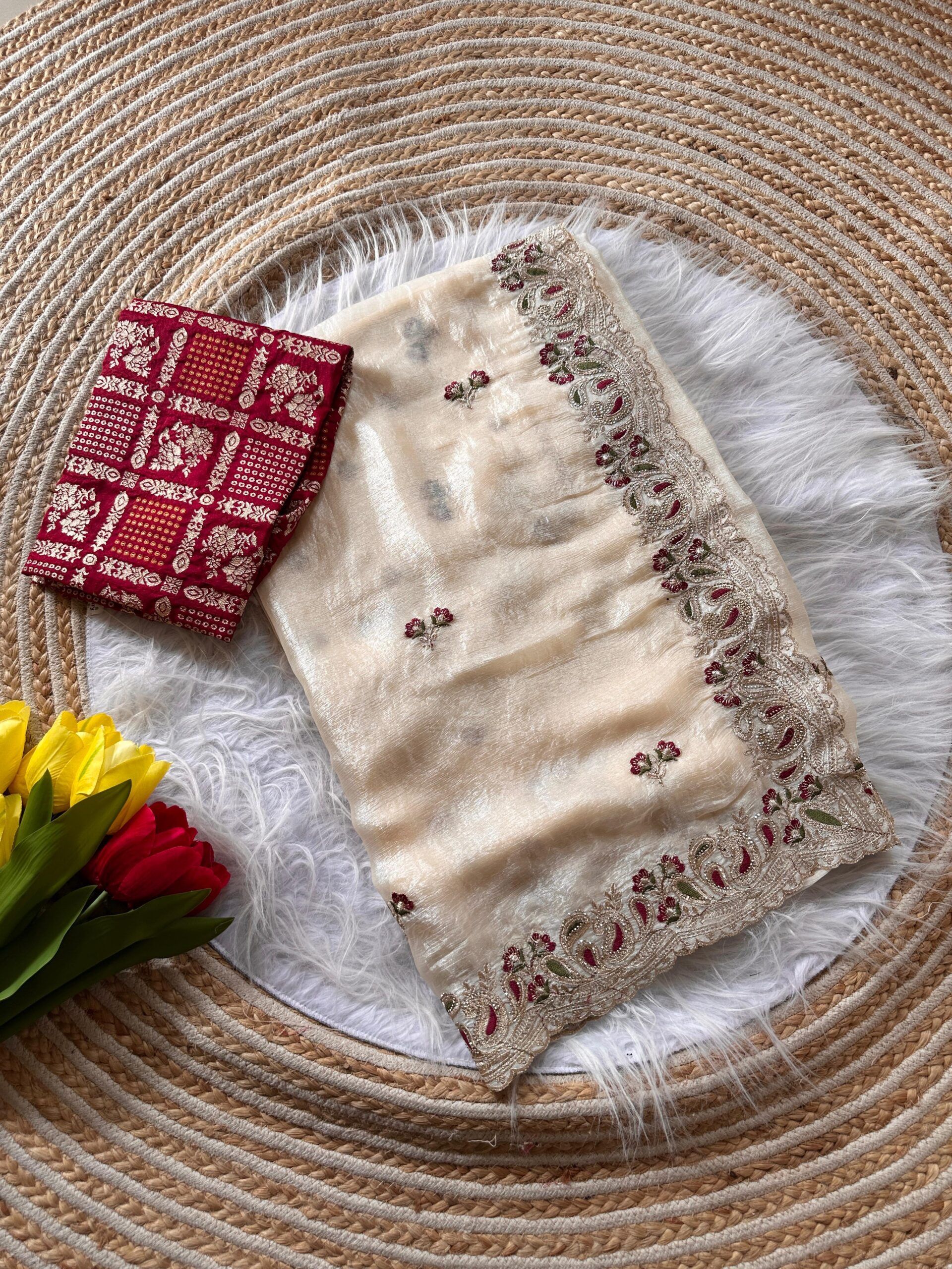 Soft Cream Shimmer Graceful Embroidery Saree (1)