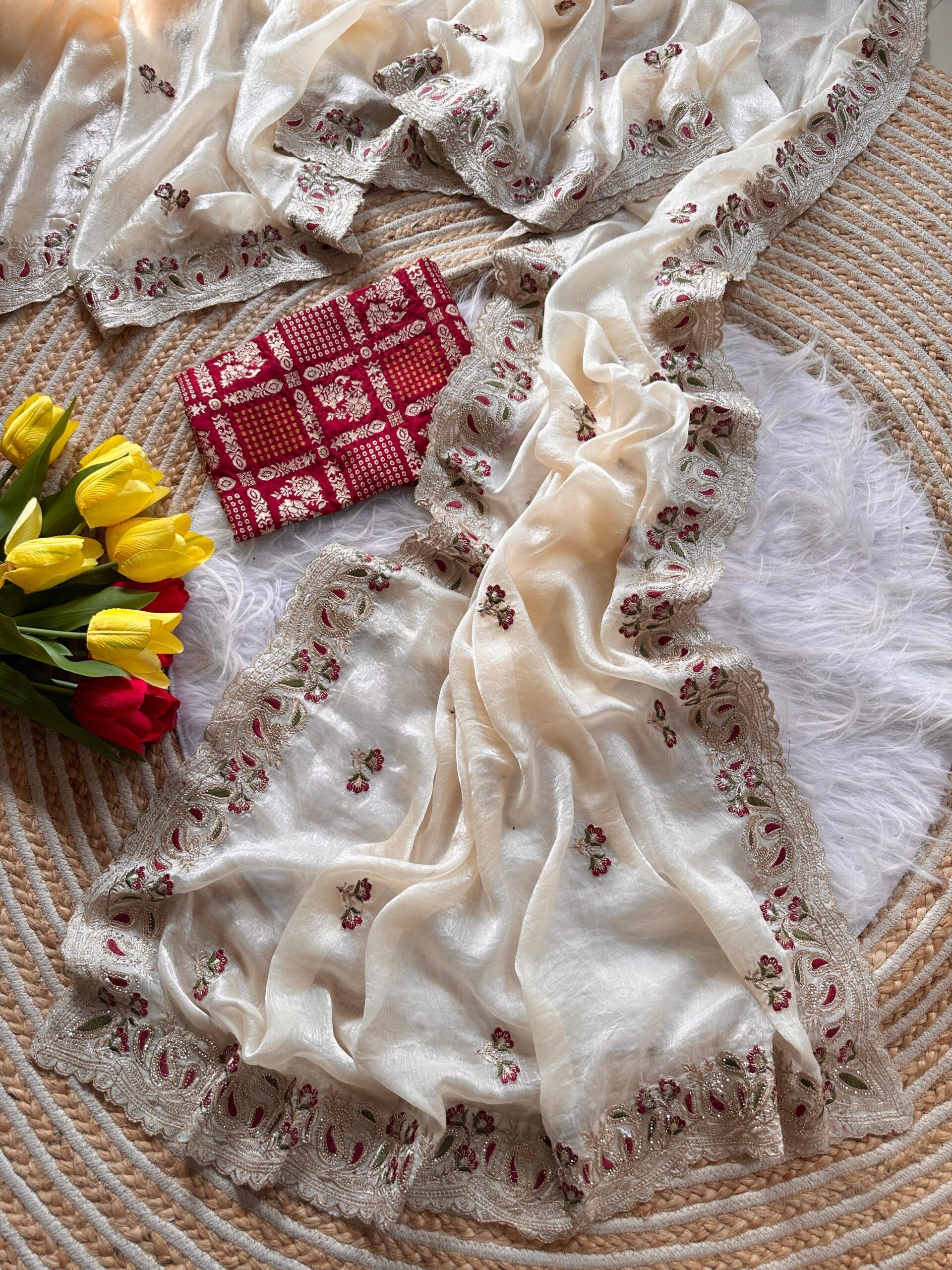 Soft Cream Shimmer Graceful Embroidery Saree (3)