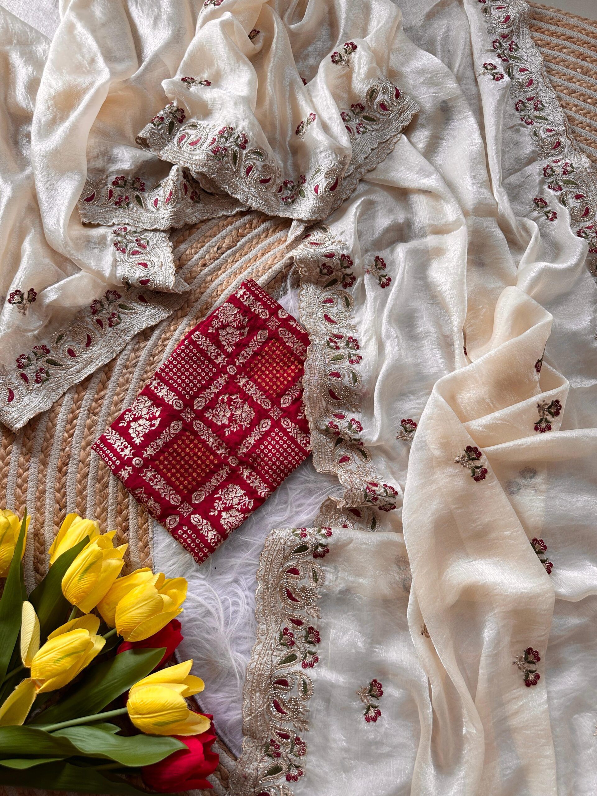 Soft Cream Shimmer Graceful Embroidery Saree (4)