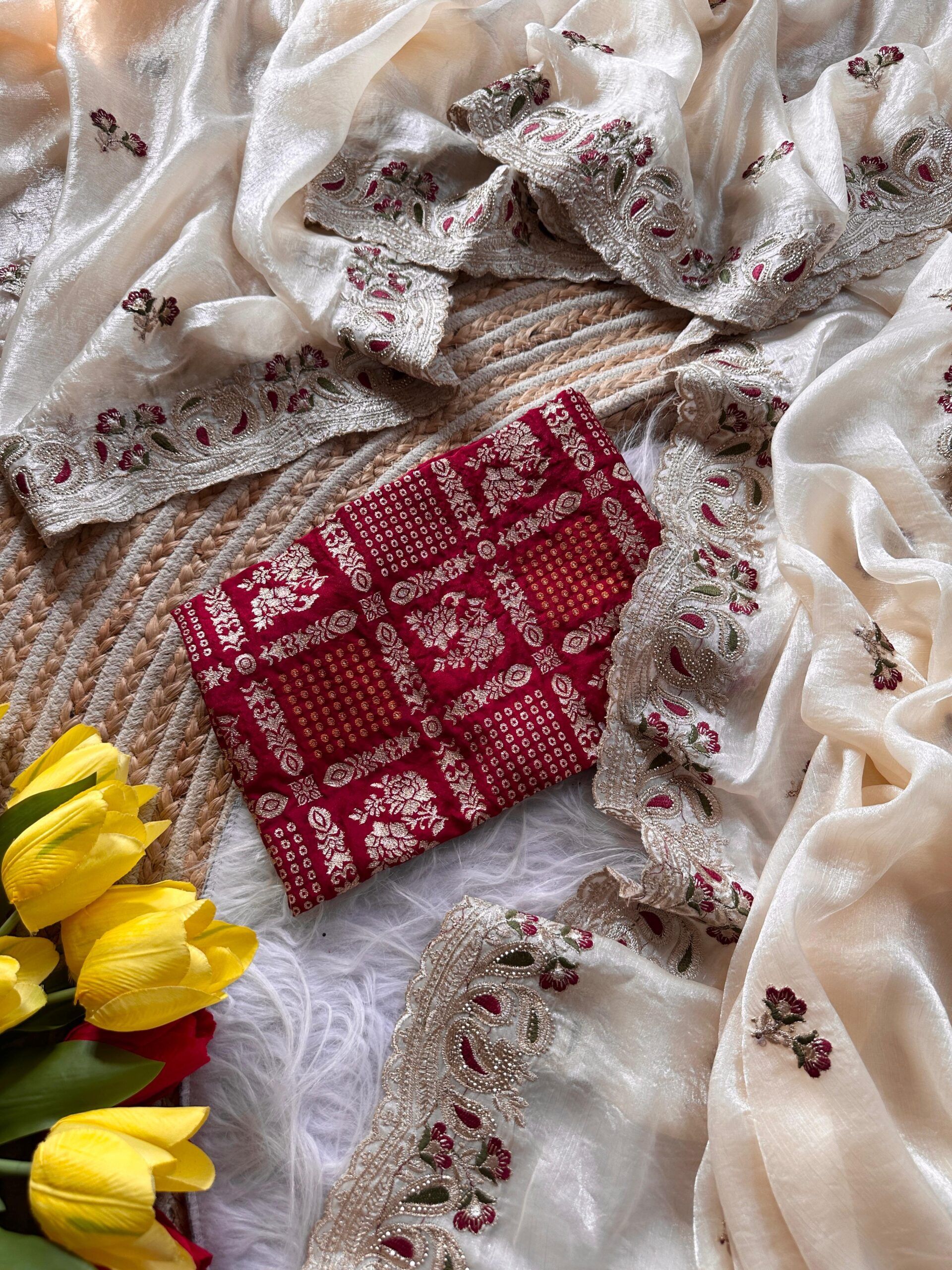 Soft Cream Shimmer Graceful Embroidery Saree (7)