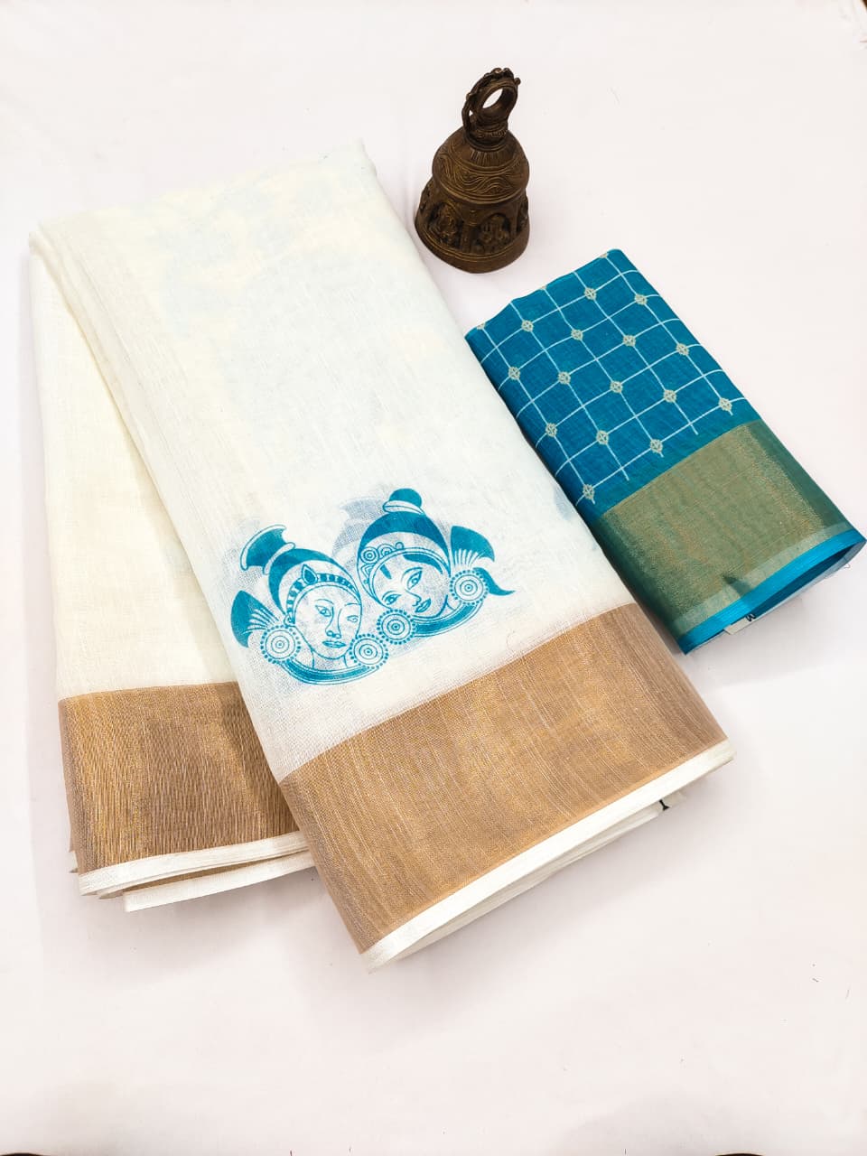 Off White Linen Saree With Golden Zari Border Onam Saree Wholesale Price (3)