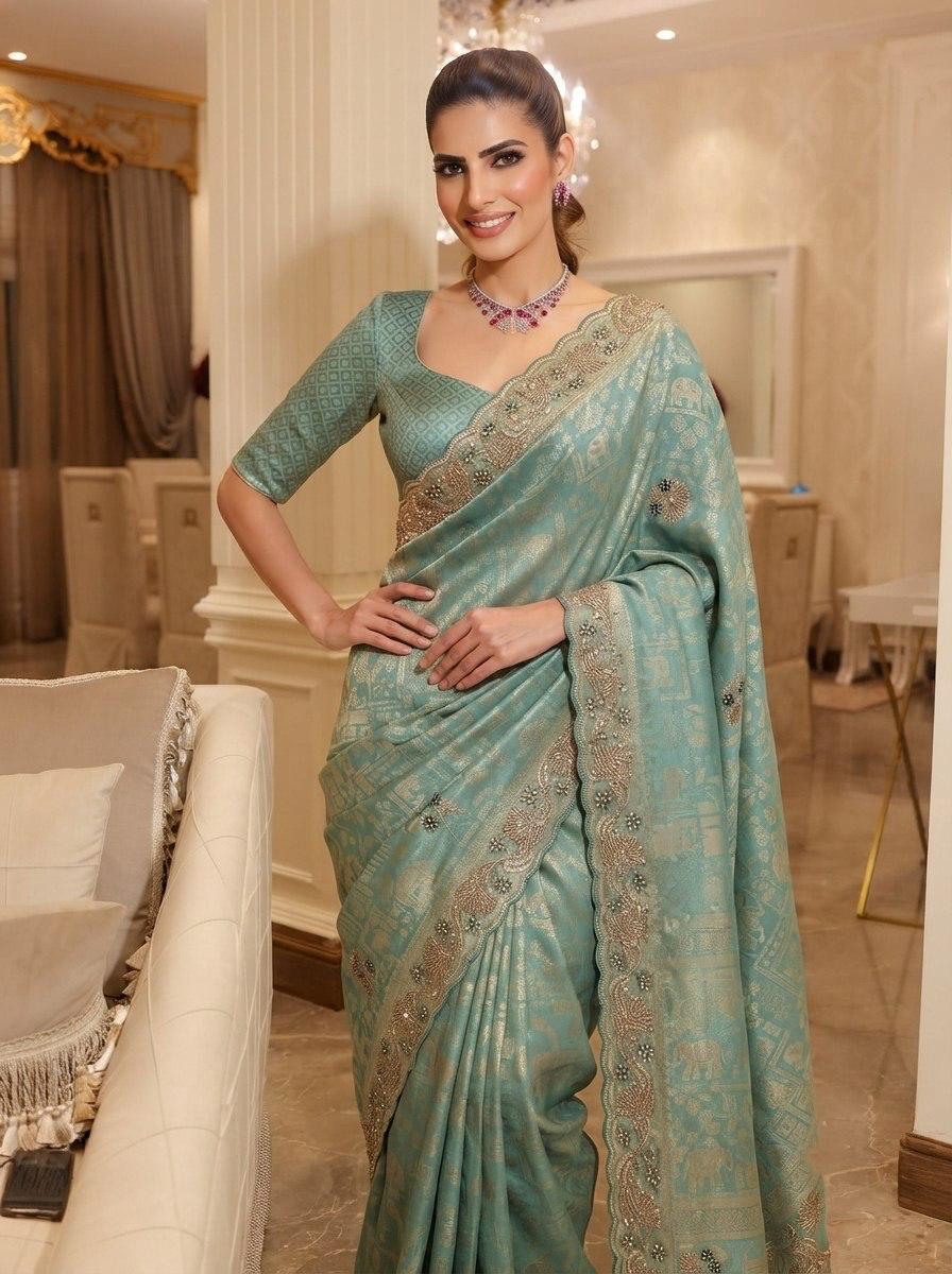 Pure Kanjivarm Silk C-pallu Cutdana, Beads Work Partywear Saree (1)