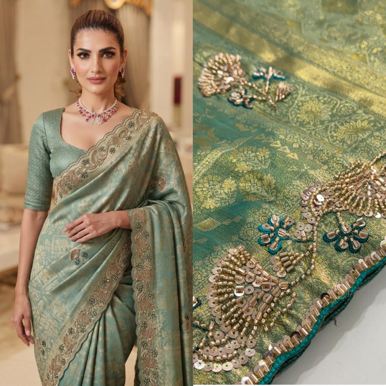Pure Kanjivarm Silk C-pallu Cutdana, Beads Work Partywear Saree (12)
